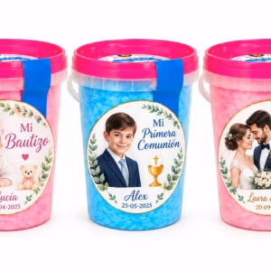 Tarros de algodón de azúcar personalizados para bautizo, comunión y boda