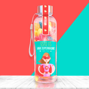 Botella con chuches y mensaje para supermadre.