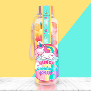 Botella con unicornio y mensaje, nunca pierdas la sonrisa.