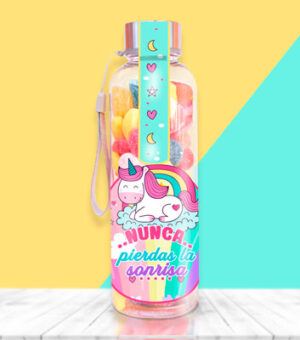 Botella con unicornio y mensaje, nunca pierdas la sonrisa.