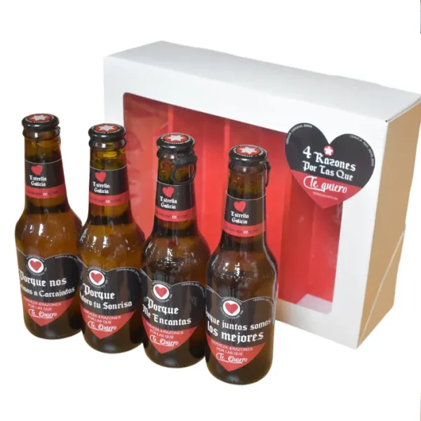 Estuche con 4 cervezas Estrella Galicia y mensajes románticos, regalo para pareja Sin fondo