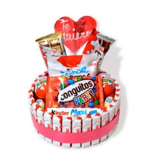 Tarta redonda con chocolates y una piruleta de te quiero.