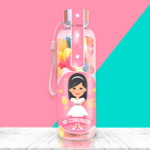 Botella con chuches para Mi primera Comunión de niña.