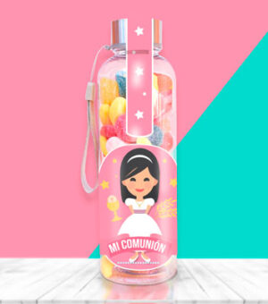 Botella con chuches para Mi primera Comunión de niña.
