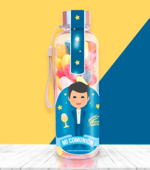 Botella con chuches para Mi primera Comunión de niño.