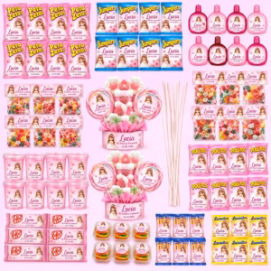 Relleno personalizado en tonos rosas para carrito Candy Bar con 96 piezas de golosinas, chocolates y centros de chuches.