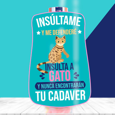 Botella con mensaje simpático para de los gatos. llena de chuches.