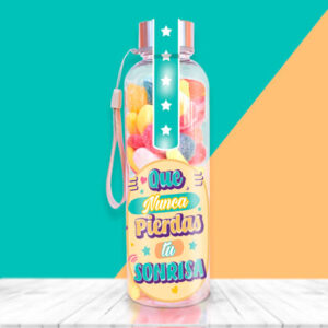 Botella para llenar con chuches con mensaje, nunca pierdas la sonrisa.