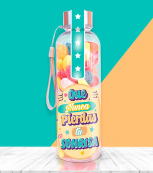 Botella para llenar con chuches con mensaje, nunca pierdas la sonrisa.