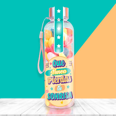 Botella para llenar con chuches con mensaje, nunca pierdas la sonrisa.