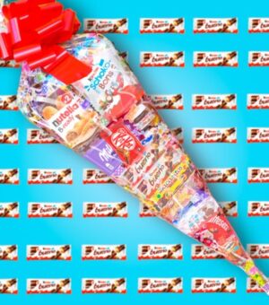 Cono relleno con chocolates, Kinder, Milka, Lacasitos.