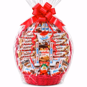 Cesta XXL con chocolates Kínder y Nutella presentada con lazo rojo