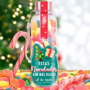 Botella de chuches con mensaje navideño.