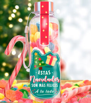 Botella de chuches con mensaje navideño.