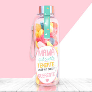 Botella con chuches para regalar a una madre. con mensaje precioso.