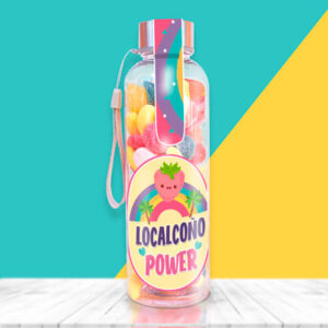 Botella con chuches para regalar a una amiga, mensaje localcoño.