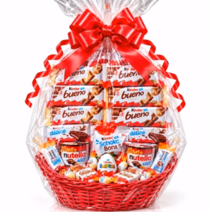 Cesta regalo para empresa con chocolates Kínder y Nutella, envuelta en celofán transparente y decorada con un gran lazo rojo.