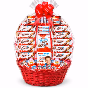 Cesta regalo de chocolates Kinder con Kinder Bueno, Schoko-Bons, Kinder Chocolate y Nutella & Go, envuelta en celofán con lazo rojo.