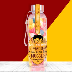 Botella llena de chuches con mensaje de Harry Potter.