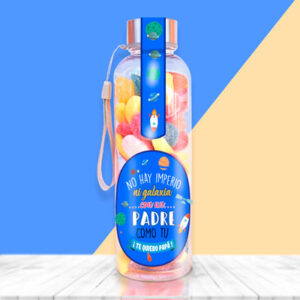 Botella con chuches para regalar a un padre de otra galaxia.