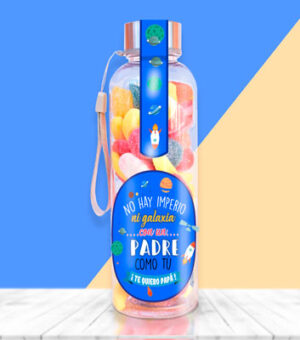 Botella con chuches para regalar a un padre de otra galaxia.