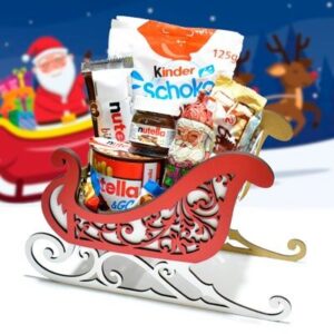 Trineo de madera de Papá Noel lleno de chocolates.