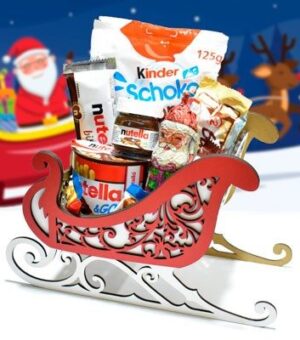 Trineo de madera de Papá Noel lleno de chocolates.