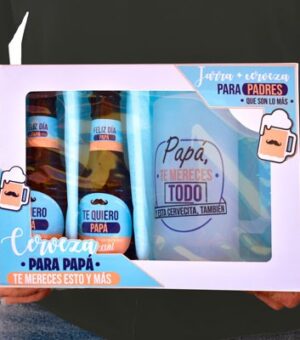 Estuche de cerveza que contiene 2 cervezas y 1 jarra de cristal para regalar a papá.