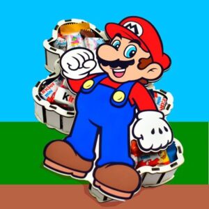 Caja de madera para regalar con la forma de super mario.
