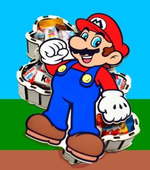 Caja de madera para regalar con la forma de super mario.