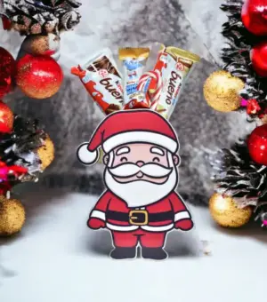 Papa Noel de madera con chocolates.