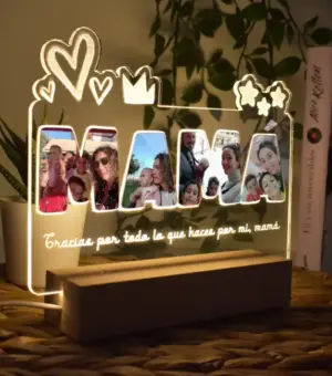 Lampara metacrilato palabra mamá con fotos.
