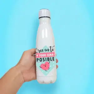 Botella acero inoxidable con mensaje motivador.