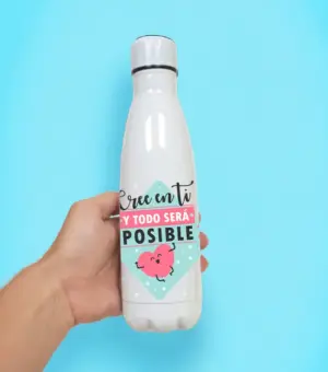 Botella acero inoxidable con mensaje motivador.