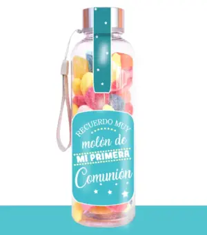 Botella con chuches para regalar a invitados de la comunión