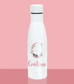 Botella con inicial flores y nombre