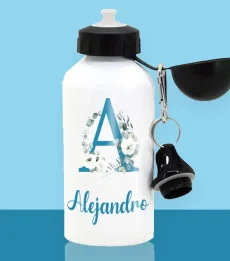 Botella de aluminio con dos tapones e inicial