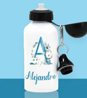 Botella de aluminio con dos tapones e inicial