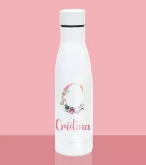 Botella con inicial flores y nombre