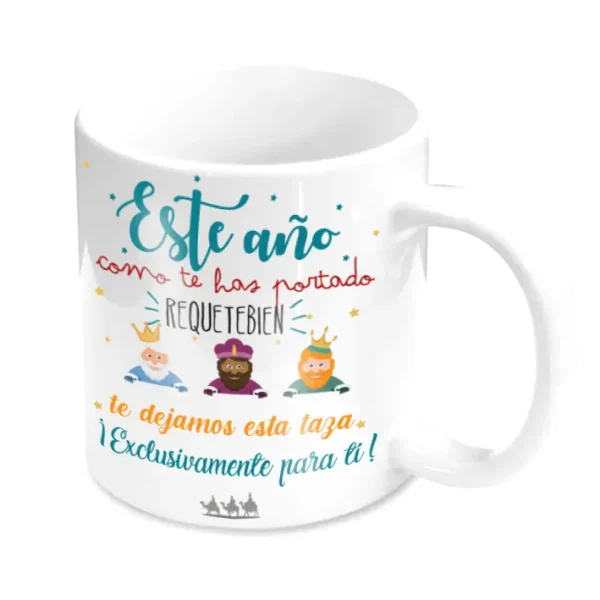 Taza de Reyes Magos con diseño festivo para niños: Vista lateral de una taza de Reyes Magos con un mensaje especial, perfecta para regalar a niños y niñas en la mañana de Reyes.