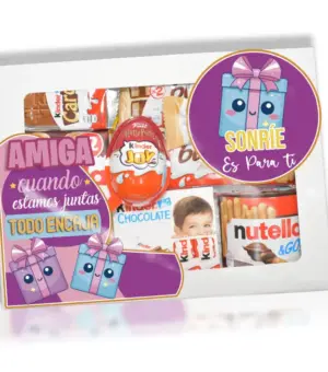 Caja con chocolates Kinder decorada para regalar a una amiga. Con una ilustración, de Dos cajitas cogiéndose de la mano.