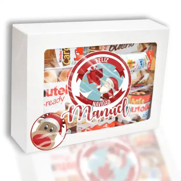 Caja de papa Noel personalizada tu nombre llena de chocolates.