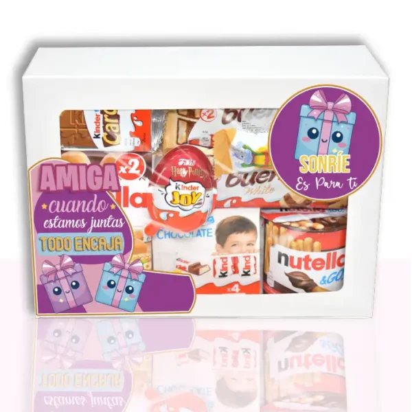 Caja con chocolates Kinder para amigas con frase especial. Amigas cuando estamos juntas todo encaja. Con una ilustración, de Dos cajitas cogiéndose de la mano.