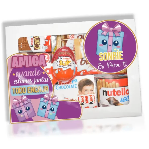 Caja con chocolates Kinder decorada para regalar a una amiga. Con una ilustración, de Dos cajitas cogiéndose de la mano.