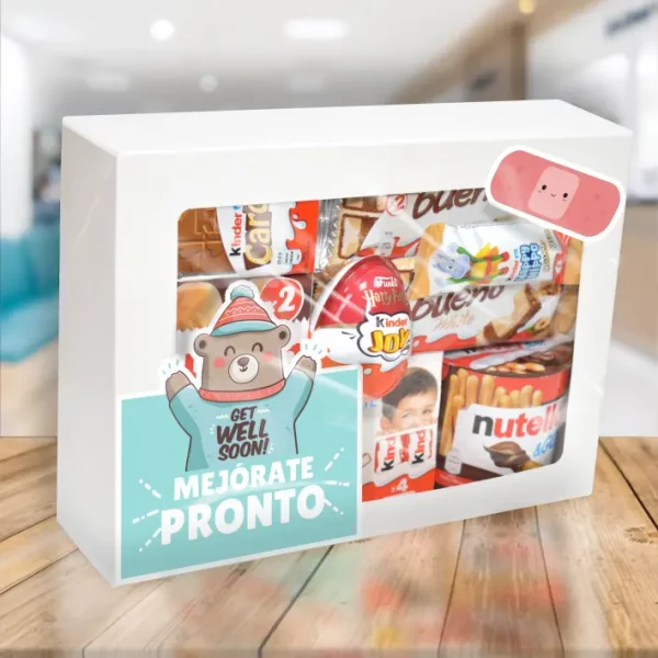 Caja con chocolates con mensaje "recupérate pronto"