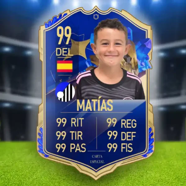 Carta FIFA personalizada con foto y atributos de 99 puntos en el pack regalo.