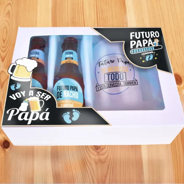 Estuche de cerveza personalizado para futuros papás. 2 Botellines y Jarra de cerveza.