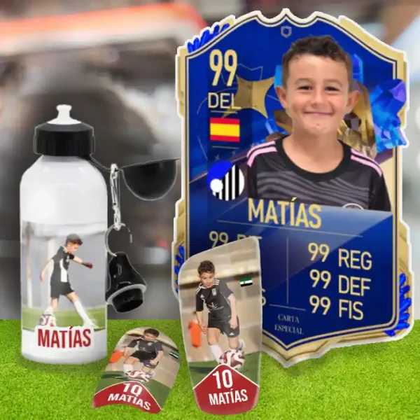 Pack regalo con Carta FIFA personalizada, espinilleras personalizadas y bidón de aluminio personalizado.