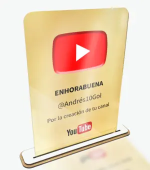 Placa metacrilato dorado. Personalizada de YouTube.