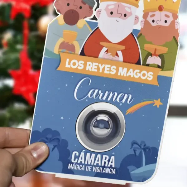 Cámara de vigilancia de los Reyes Magos, De madera con el nombre del niño o niña personalizado. Con el texto. Cámara mágica de los Reyes Magos.